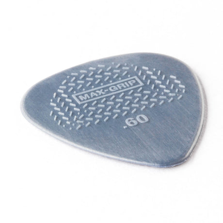 A gray guitar pick with Max-Grip and .60 branding - on a white background