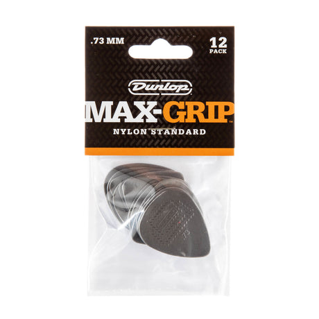 A package of Dunlop Max-Grip guitar picks with picks visible inside a plastic bag - on a white background