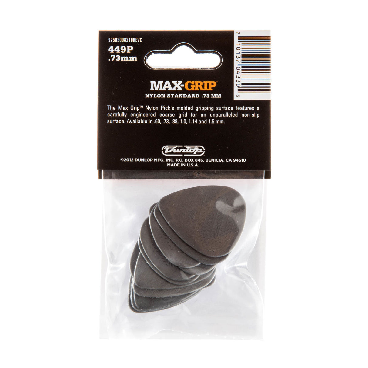 The backside of a package of Dunlop Max-Grip guitar picks with brand details and picks visible inside a plastic bag