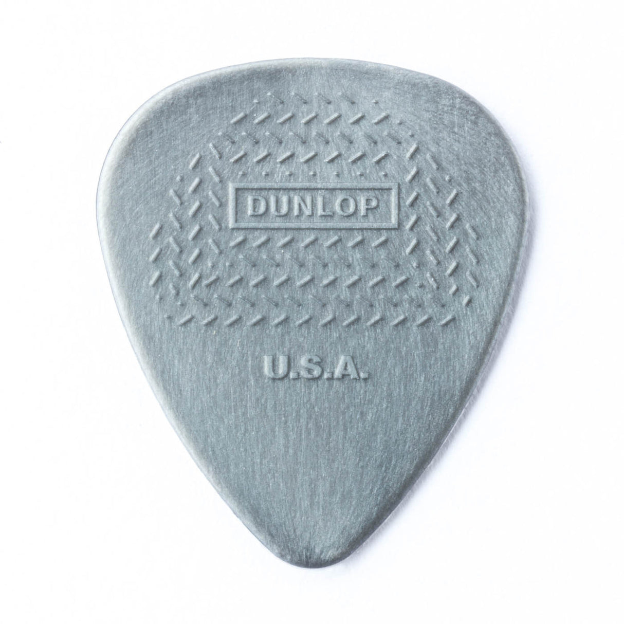 A gray guitar pick with Dunlop USA branding on a white background