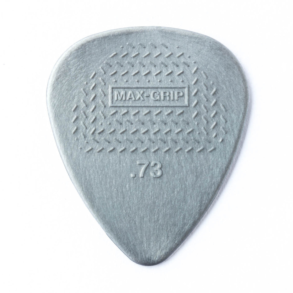 A gray guitar pick with Max-Grip and .73 branding - on a white background