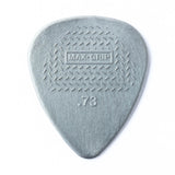 A gray guitar pick with Max-Grip and .73 branding - on a white background