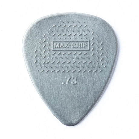 A gray guitar pick with Max-Grip and .73 branding - on a white background