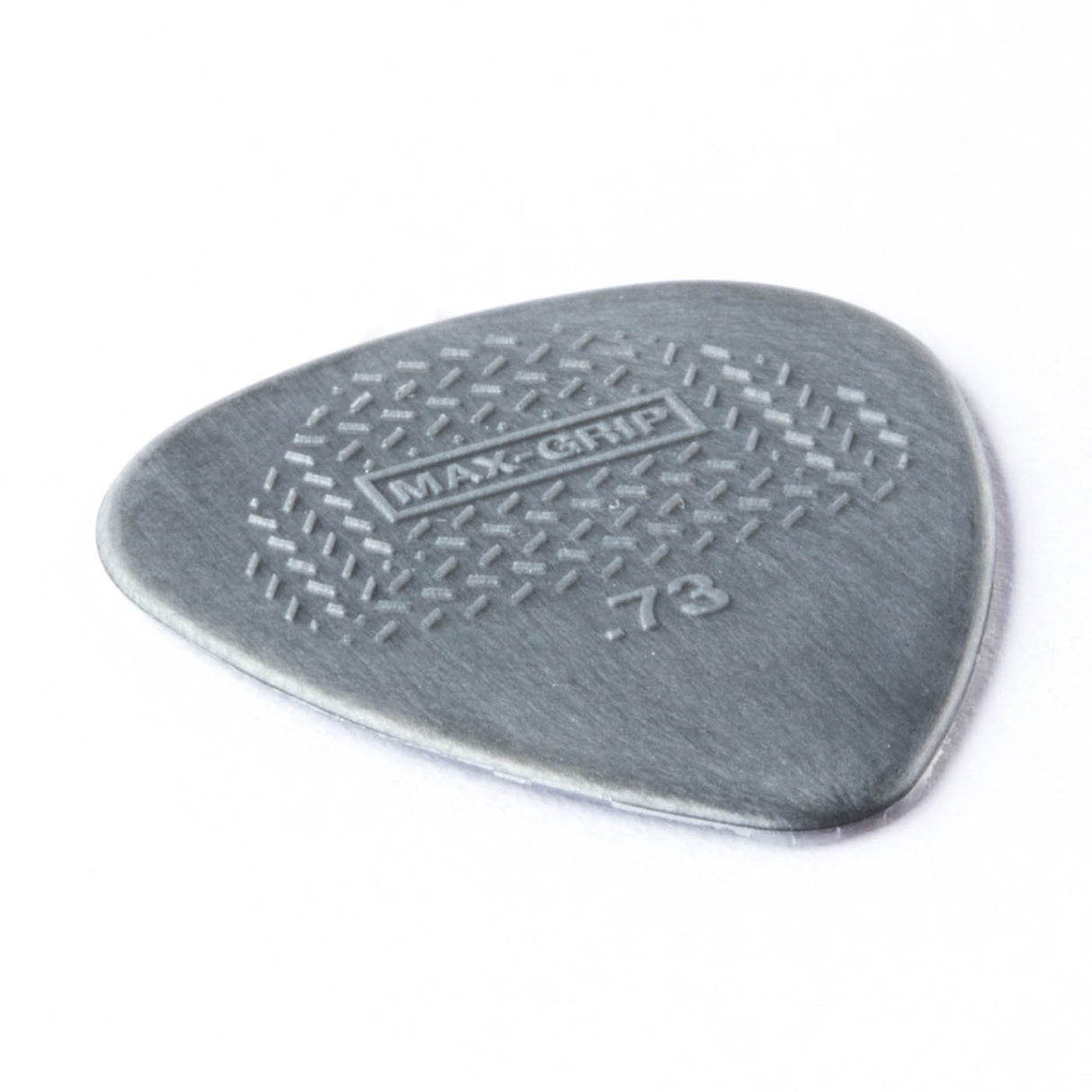 A gray guitar pick with Max-Grip and .73 branding - on a white background