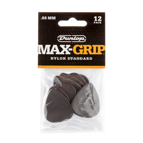 A package of Dunlop Max-Grip guitar picks with picks visible inside a plastic bag