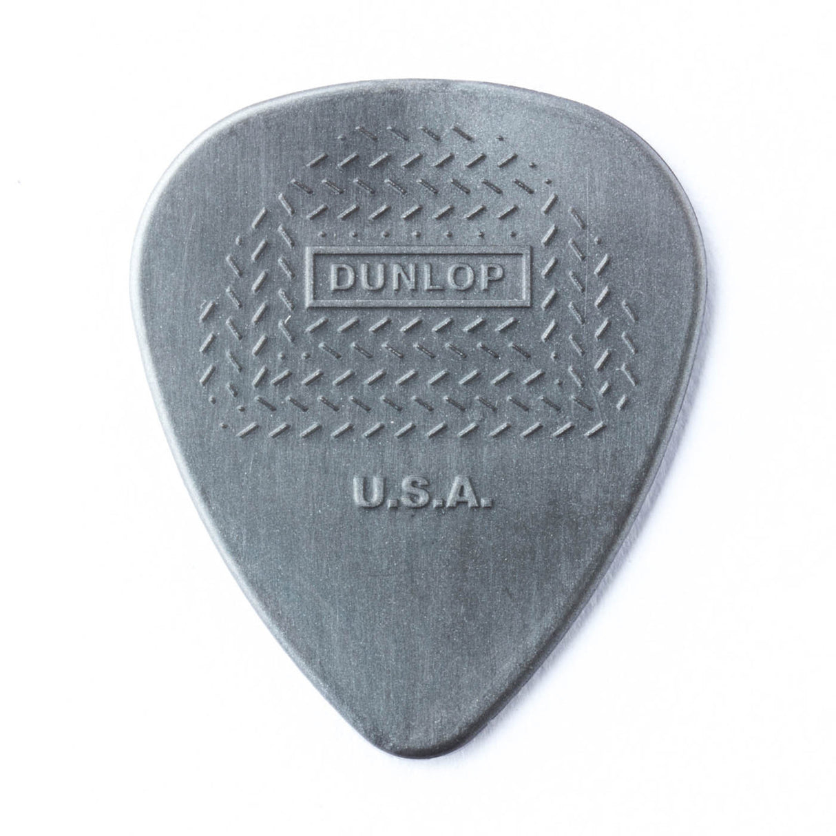 A gray guitar pick with Dunlop USA branding on a white background