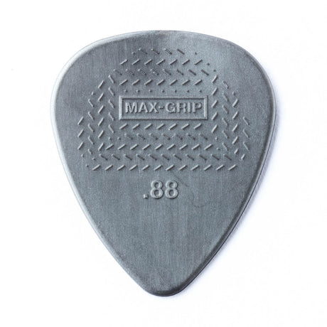 A gray guitar pick with Max-Grip and .88 branding - on a white background