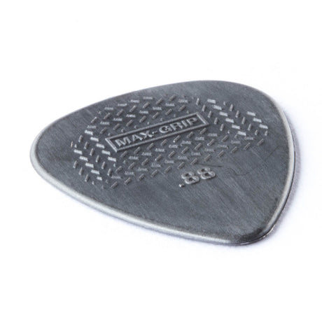 A gray guitar pick with Max-Grip and .88 branding - on a white background
