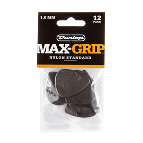 A package of Dunlop Max-Grip guitar picks with brand details and picks visible inside a plastic bag