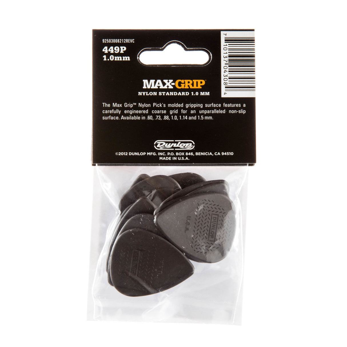 The backside of a package of Dunlop Max-Grip guitar picks with brand details and picks visible inside a plastic bag