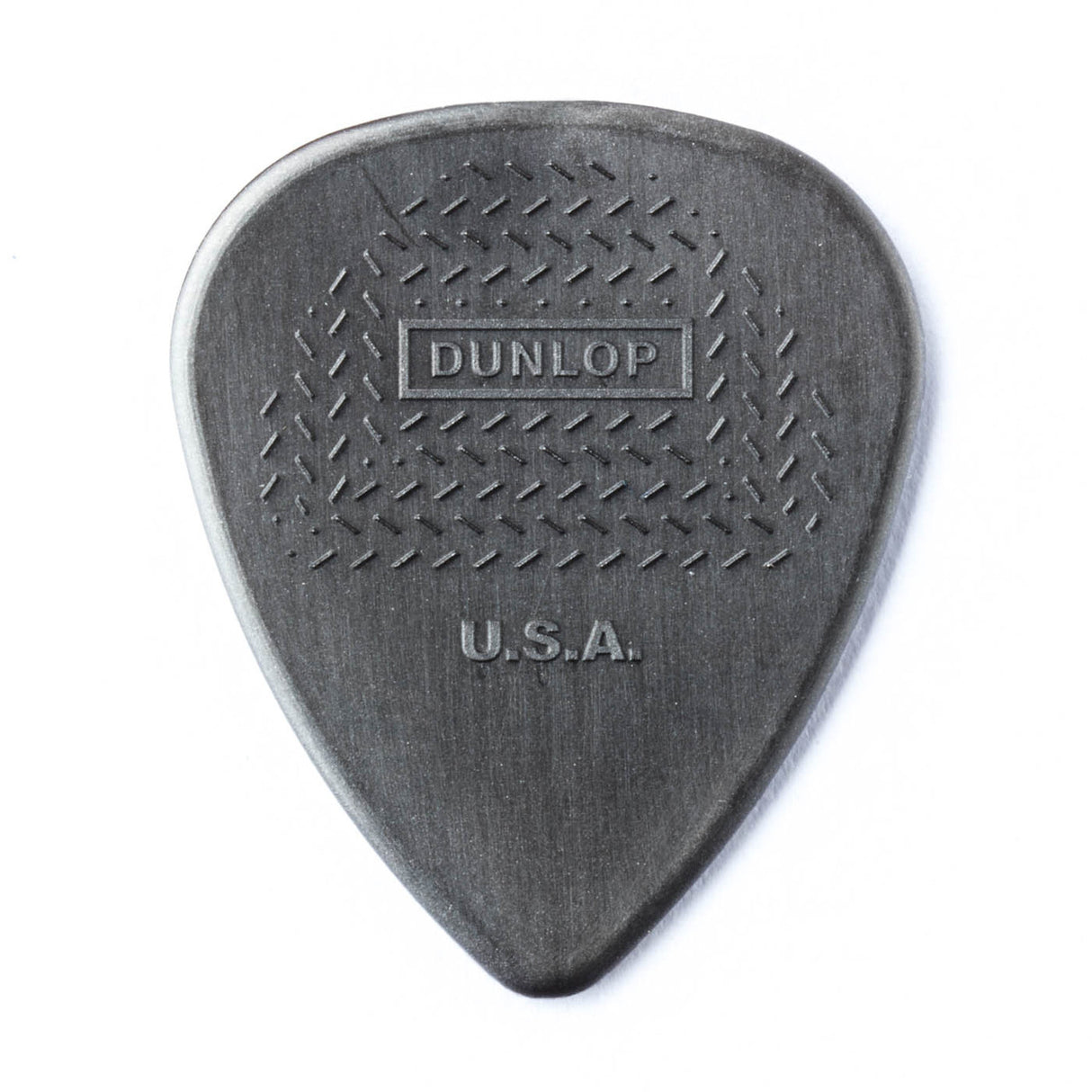 A gray guitar pick with Dunlop USA branding on a white background