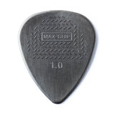 A gray guitar pick with Max-Grip and 1.0 branding - on a white background