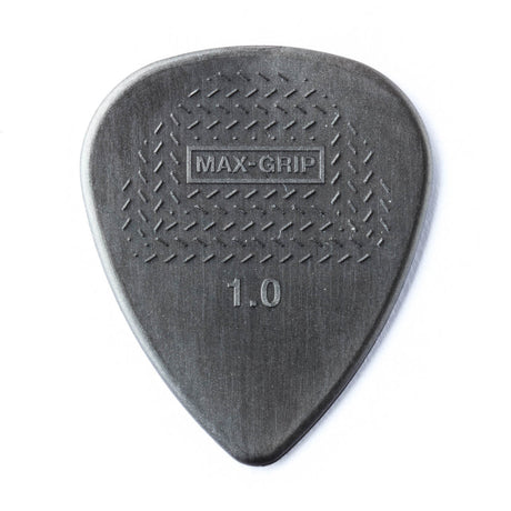 A gray guitar pick with Max-Grip and 1.0 branding - on a white background