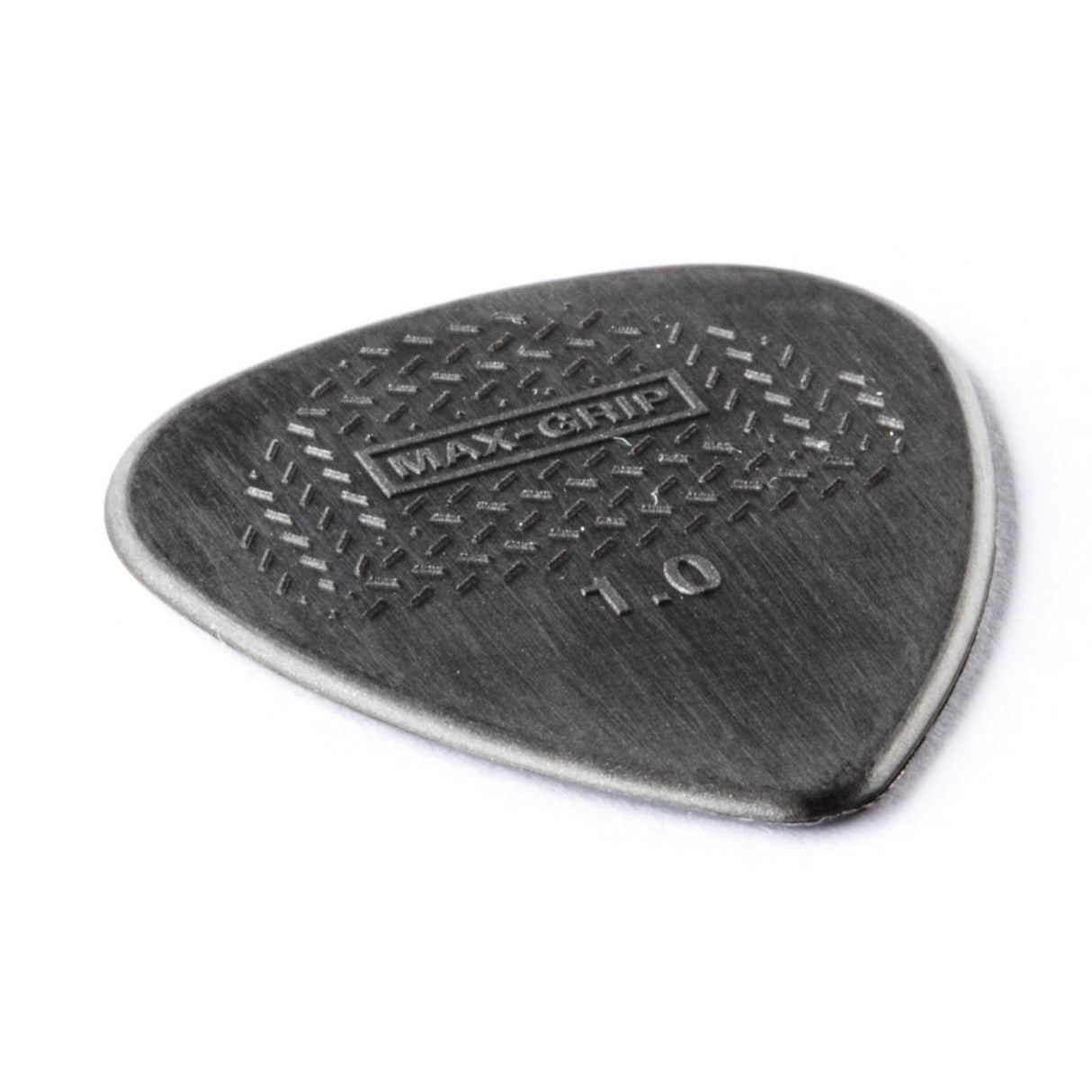 A gray guitar pick with Max-Grip and 1.0 branding - on a white background