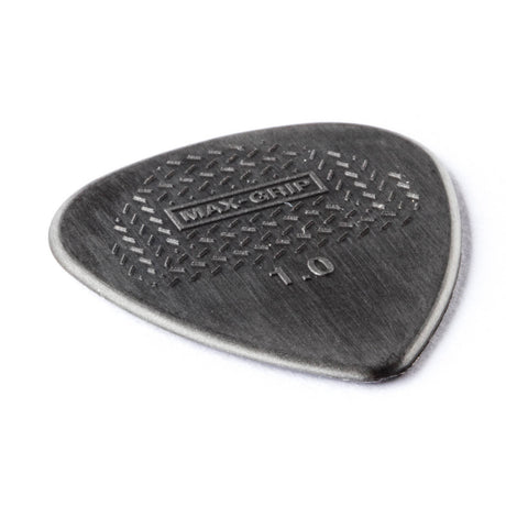 A gray guitar pick with Max-Grip and 1.0 branding - on a white background