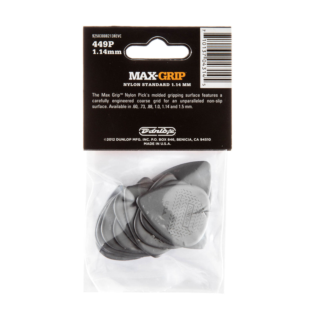The backside of a package of Dunlop Max-Grip guitar picks with brand details and picks visible inside a plastic bag