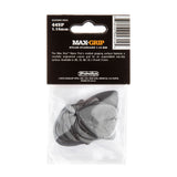 The backside of a package of Dunlop Max-Grip guitar picks with brand details and picks visible inside a plastic bag