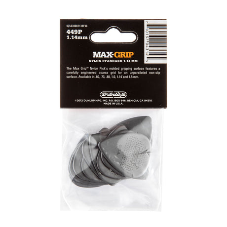 The backside of a package of Dunlop Max-Grip guitar picks with brand details and picks visible inside a plastic bag