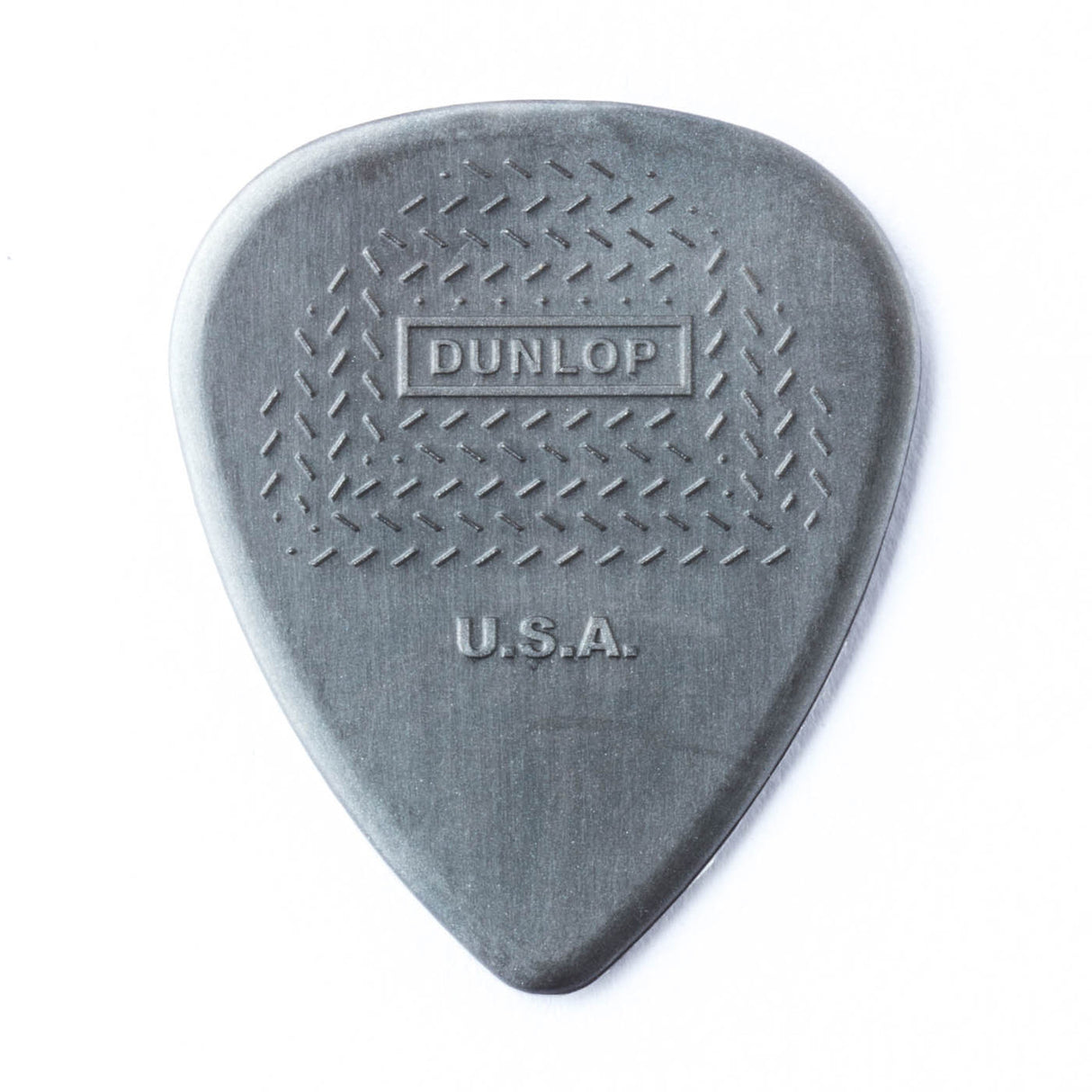 A gray guitar pick with Dunlop USA branding on a white background