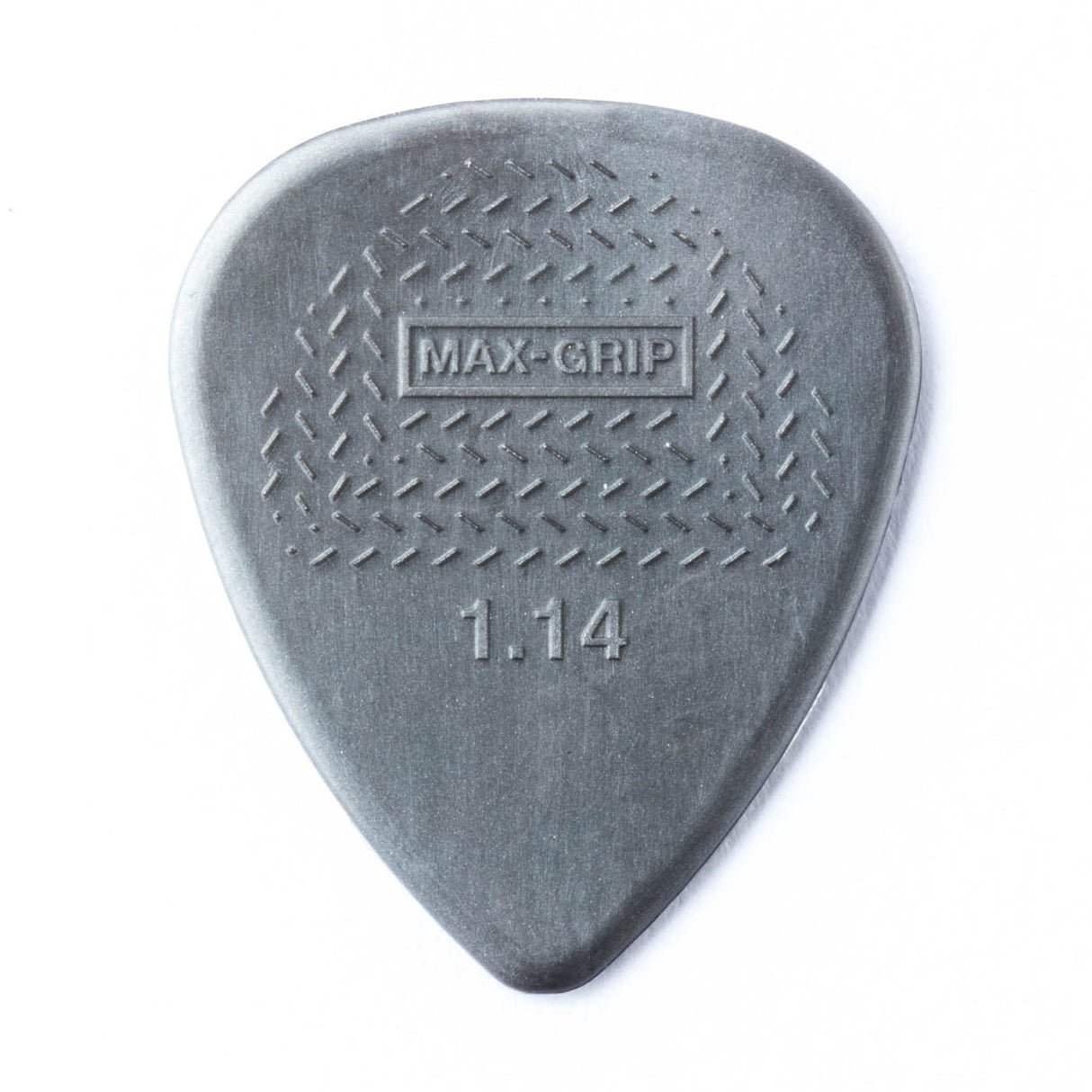 A gray guitar pick with Max-Grip and 1.14 branding - on a white background