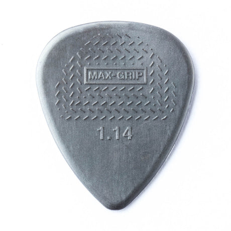 A gray guitar pick with Max-Grip and 1.14 branding - on a white background