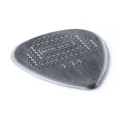 A gray guitar pick with Max-Grip and 1.14 branding - on a white background