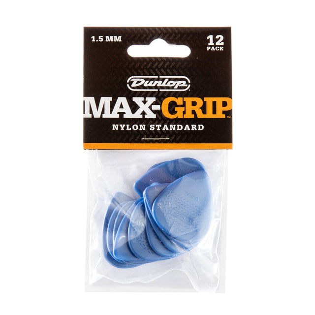 A package of Dunlop Max-Grip guitar picks with branding and blue picks visible inside a plastic bag