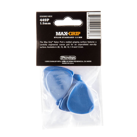 The backside of a package of Dunlop Max-Grip guitar picks with branding and blue picks visible inside a plastic bag