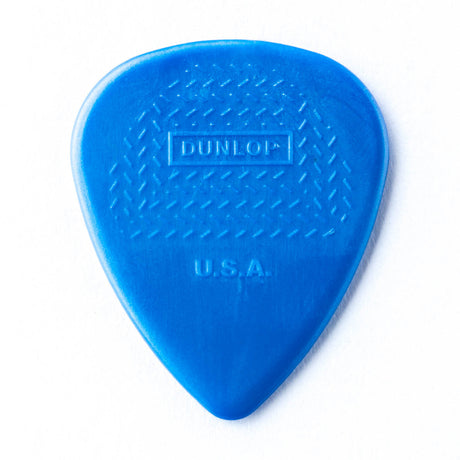 A blue guitar pick with Dunlop USA branding on a white background