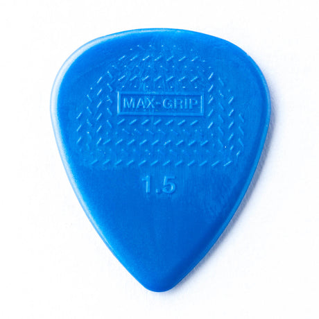 Blue guitar pick with 'Max-Grip' branding on a white background