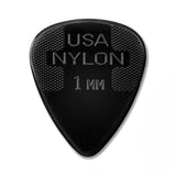 Black guitar pick with 'USA Nylon 1 MM' text on a white background
