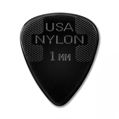 Black guitar pick with 'USA Nylon 1 MM' text on a white background