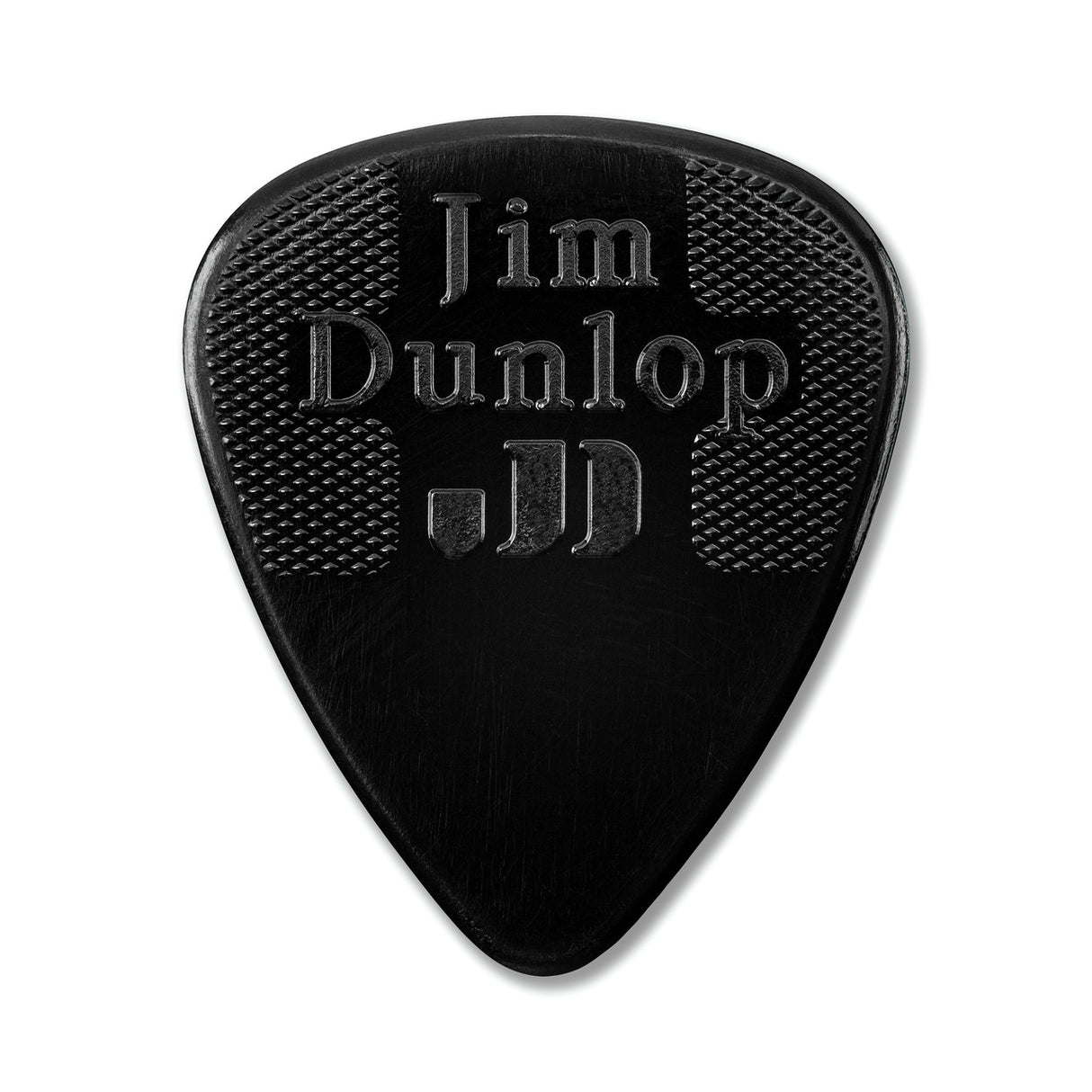 Black guitar pick with 'Jim Dunlop' branding on a white background