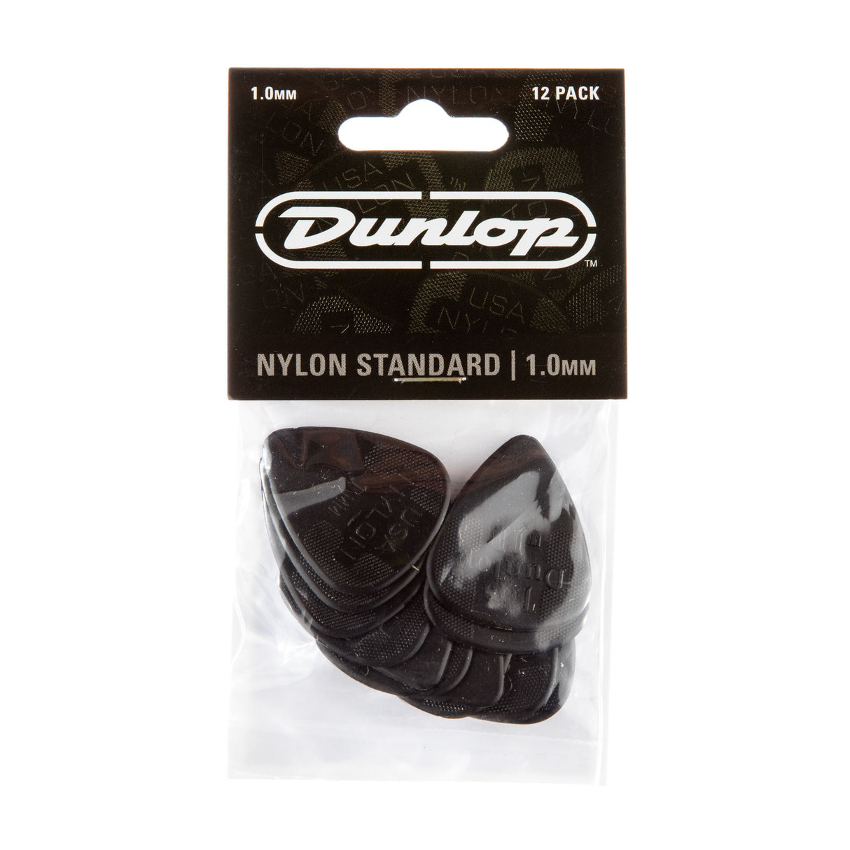 Pack of Dunlop guitar picks with clear plastic packaging on a white background
