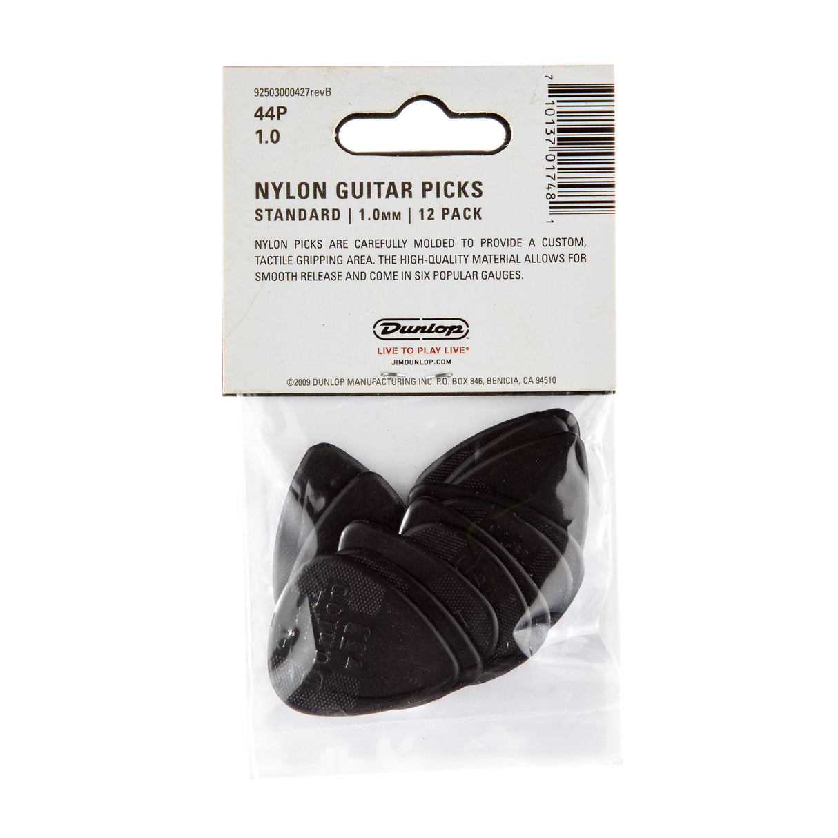 Pack of Dunlop nylon guitar picks with packaging on a white background