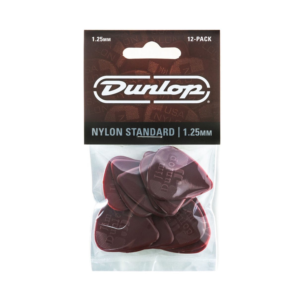 Dunlop guitar pick packaging with 12 picks inside on a white background
