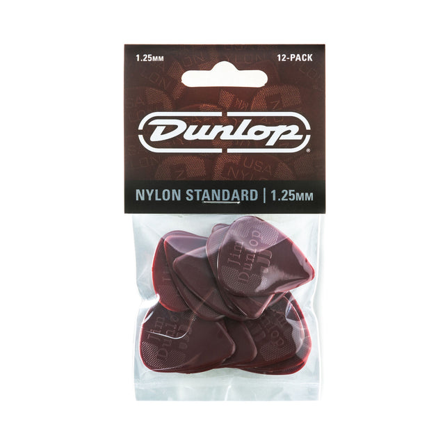 Dunlop guitar pick packaging with 12 picks inside on a white background