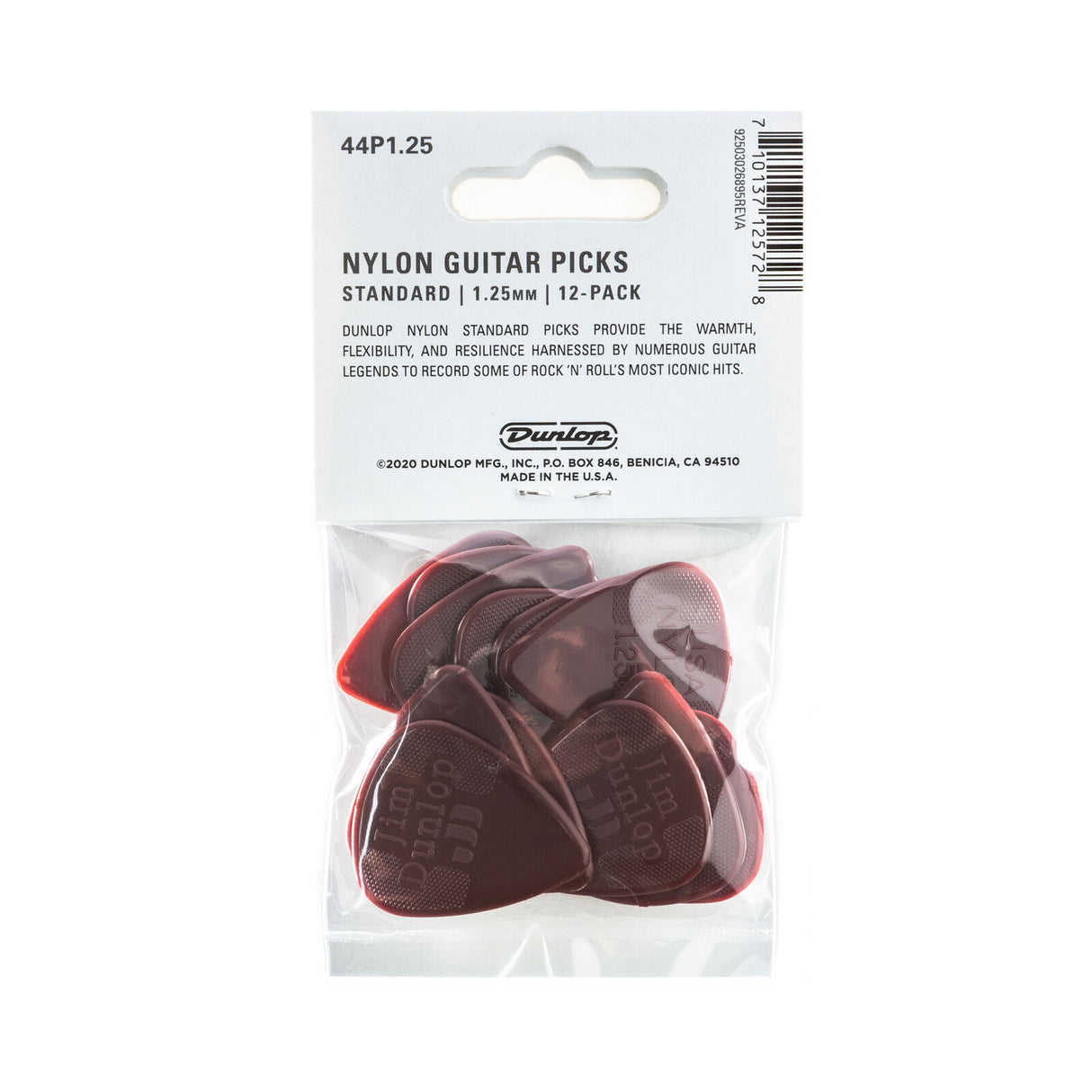 Pack of Dunlop nylon guitar picks with clear packaging on a white background