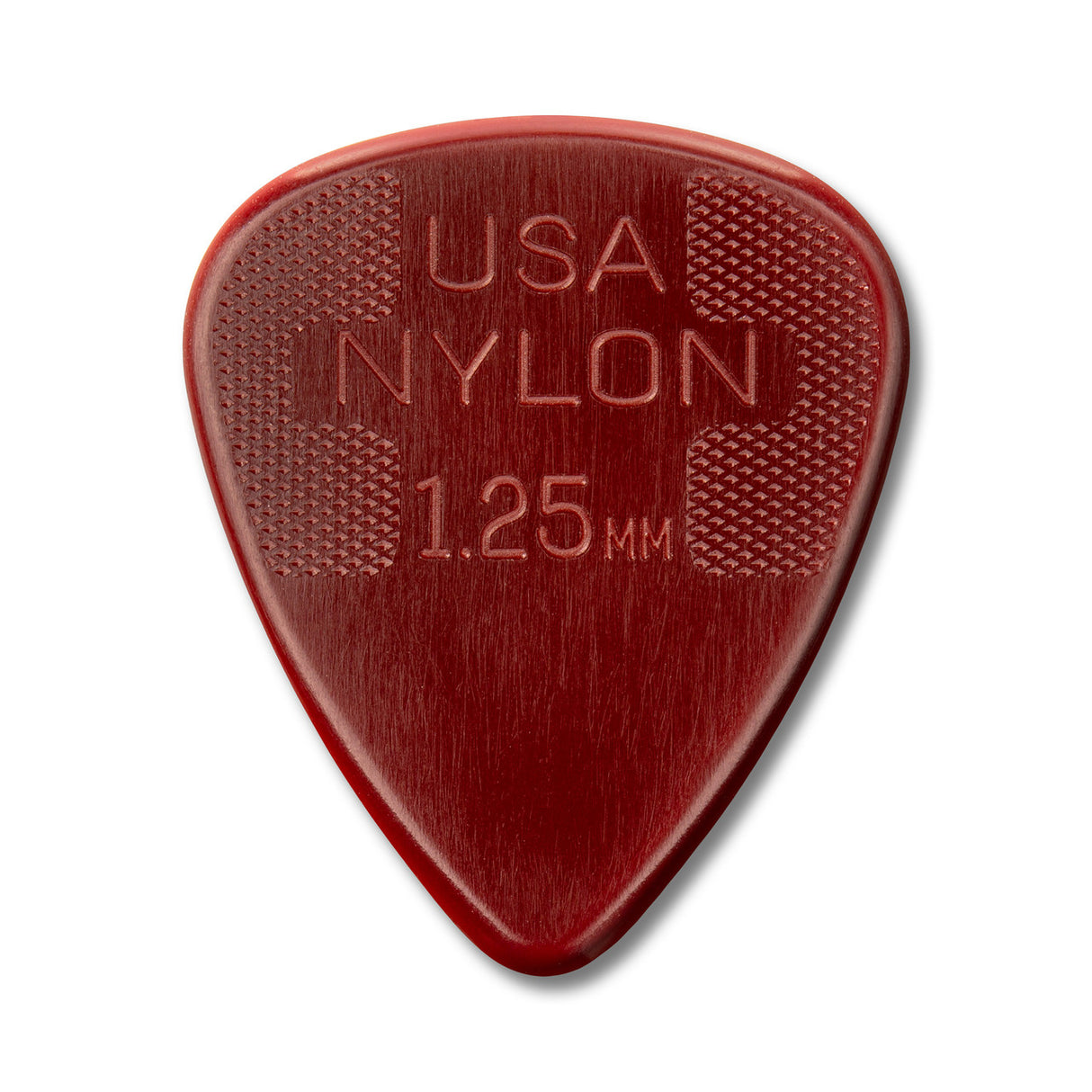 Red guitar pick with 'USA Nylon 1.25 mm' text on a white background