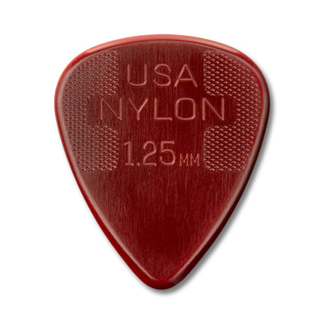 Red guitar pick with 'USA Nylon 1.25 mm' text on a white background