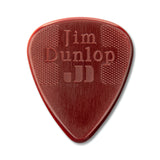 Red guitar pick with 'Jim Dunlop' branding on a white background