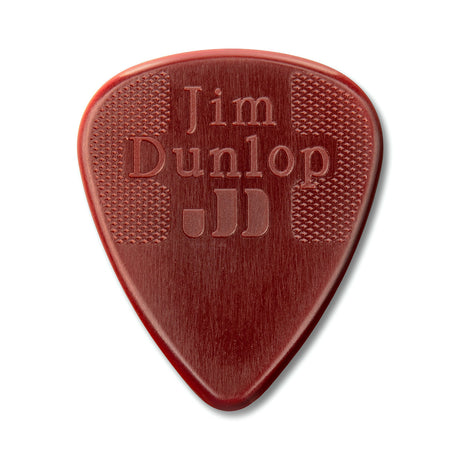 Red guitar pick with 'Jim Dunlop' branding on a white background
