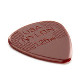 Red guitar pick with 'USA NYLON 1.25 mm' text on a white background