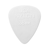 White guitar pick with 'USA NYLON .38MM' text on a white background