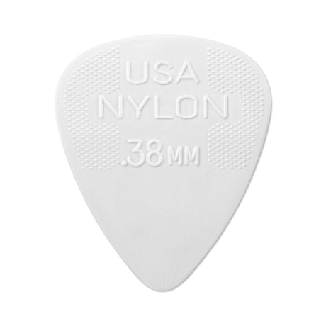White guitar pick with 'USA NYLON .38MM' text on a white background