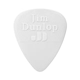 White guitar pick with 'Jim Dunlop' branding on a white background