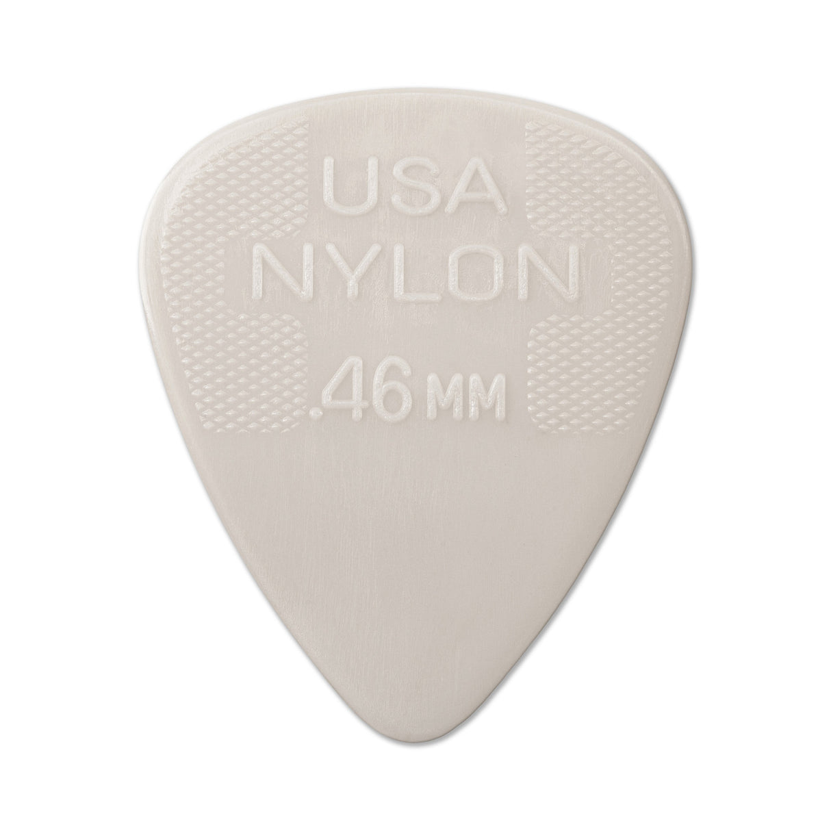White guitar pick with 'USA NYLON .46 MM' text on a white background