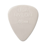 White guitar pick with 'USA NYLON .46 MM' text on a white background