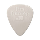 White guitar pick with 'Jim Dunlop' branding on a white background
