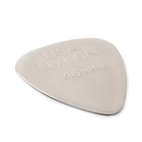 White guitar pick with branding on a white background